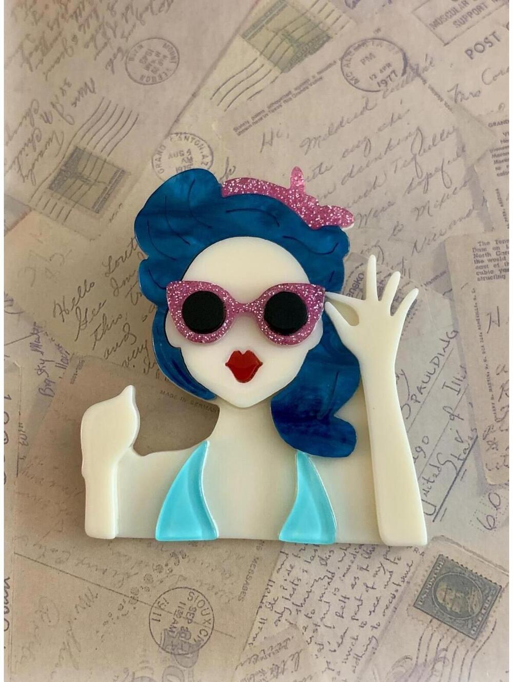 Retro Acrylic Pinup Girl Bikini Pink Glitter Sunglasses Statement Brooch Pin